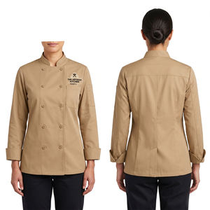 เสื้อแจ็คเก็ตยูนิฟอร์มเชฟหญิง ผ้าโพลีคอตตอนทวิล 220 GSM สีเบจ ดำ น้ำเงิน  แผงข้างตาข่าย ปัก พิมพ์โลโก้ตามสั่ง - Product Image 3