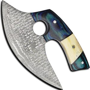 Forged Damascus Steel Alaskan Ulu Pizza Cutter <b>Knife</b> <b>Bone</b> and Wood <b>Handle</b> Leather Sheath Handmade OEM Professional Ambidextrous - Product Image 1
