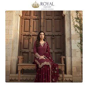 Collection de designer la plus récente et la plus élégante de costumes Sharara en faux georgette lourd avec dupatta en georgette et broderies. - Product Image 3