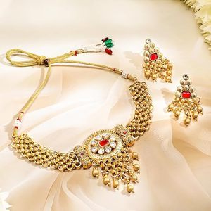 Gold Plated Alloy Vintage Necklace and Earring <b>Set</b> with Zircon Stones <b>Pearls</b> Geometric Design for Women Wedding Bridal Jewelry - Product Image 3