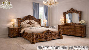 Grand Palace Style Bedroom Suite with <b>Gold</b> Finish Carving Princess Bedroom Set with <b>Side</b> <b>Table</b> Imperial Style Wooden Bed USA - Product Image 4