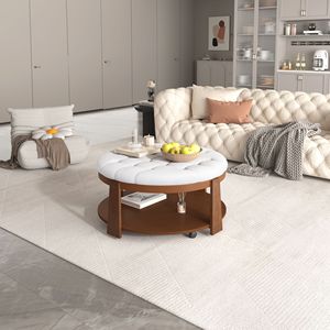 Tavolino da Caffè Moderno a 2 Livelli con Bottoni Trapuntati e Contenitore, Pouf Grande con Ripiano in Legno Imbottito - Product Image 2