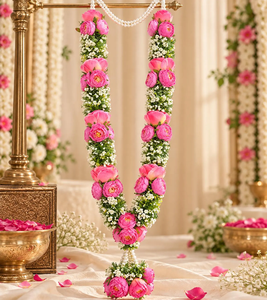 Guirnalda de Rosas Rosadas Artificiales para Boda con Perlas, Varmala Floral Tradicional India para Intercambio de Novios, Accesorio Nupcial - Product Image 1