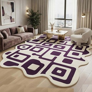 Alfombra de Área Geométrica Morada y Marfil Contemporánea, Hecha a Mano, de Lujo, Abstracta, de Lana, para Sala de Estar y Dormitorio - Product Image 1