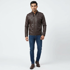 Fashion Genuine Leather Breathable Vintage Stand Collar Slim Casual Motorcycle Jacket Regular Fit with Pockets Hooded <b>Men</b> - Product Image 1