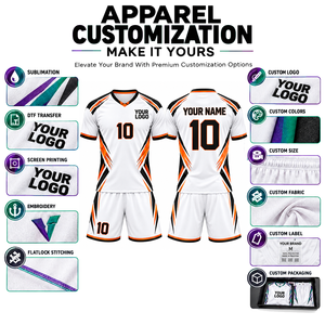 Ensemble de maillot de football personnalisé blanc et orange, col en V, manches courtes, impression sublimée, respirant, uniforme d'équipe unisexe pour adultes - Product Image 3