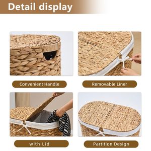 Cesto Portabiancheria Ovale con Coperchio in Giacinto d'Acqua Naturale Intrecciato a Doppio Strato, Manici in Bambù e Metallo, Tessuto in Vimini per Conservazione Vestiti - Product Image 3