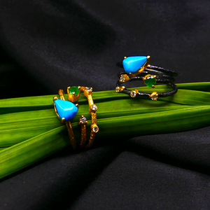 Bohemian <b>Gold</b> <b>Ring</b> With <b>Turquoise</b> And Emerald Gemstones Prong Setting Round Diamonds Unisex Everyday Wear Style - Product Image 6