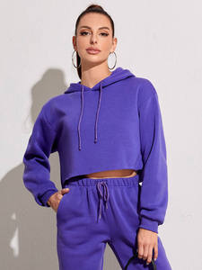 Sweat à capuche court pour femme à manches ballon avec capuche réglable en tissu mélange de coton doux pour un usage quotidien décontracté - Product Image 1