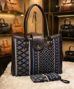 Blue Jacquard Floral Tote Bag with Matching <b>Wristlet</b> Pouch | Luxury Handcrafted Shoulder Bag - Product Image 1