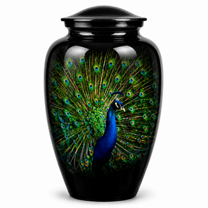 Hermosa Pegatina Conmemorativa con Diseño de Pavo Real Azul Verde y Urna de Cremación Esmaltada para Cenizas Humanas - Product Image 1