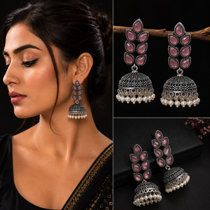 Designer Oxidized <b>Silver</b> Jhumka <b>Earrings</b> with Pink Crystal Stone | Handmade Jewelry Export Quality - Product Image 6