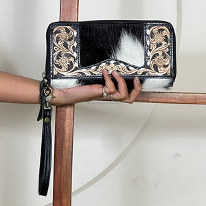 Genuine Hand Tooled Leather <b>Wallet</b> Black Clutch Cowhide Western Floral Carved Wristlet <b>Purse</b> Handmade Women’s Clutches - Product Image 4