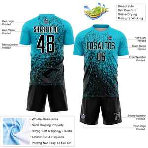 Uniforme de football personnalisé pour hommes, manches courtes, noir et bleu, sublimé, anti-transpiration, coupe classique, uniforme adulte, fabricant OEM - Product Image 3