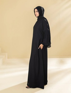 Muslim Women Simple Polyester Fiber Everyday Casual Formal Black Abaya Set Long <b>Elastic</b> Sleeve Floor-Length Straight Saudi - Product Image 2