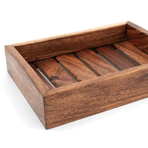 Plateau de service à lattes en bois d'acacia 22 cm, sûr pour les aliments, design Japandi naturel, Indonésie, multifonctionnel, léger, pour table à manger - Product Image 1