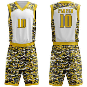 Custom Men's Basketball Uniform White Yellow <b>Camouflage</b> Print V-Neck Quick Dry Sporty Jersey Set Summer Wear - Product Image 1
