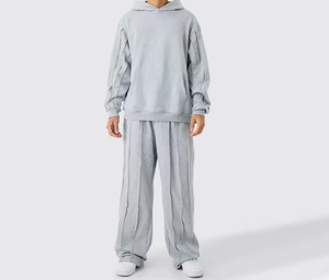 Conjunto de dos piezas de sudadera con capucha de color liso para hombre, informal, holgado, con sudadera y pantalones de pierna ancha - Product Image 1