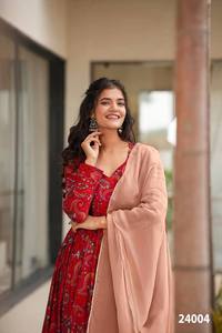 Traje Anarkali Rojo Estampado para Mujer con Dupatta Color Durazno, Largo hasta el Suelo, Estilo Tradicional para Fiestas, Estilo India-Pakistán, Vestido de Poliéster - Product Image 2