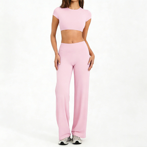Women 2 Piece Yoga Set High Waist Wide Leg <b>Pants</b> Crew Neck Crop Top Cut-Out Back <b>Spandex</b> Polyester Seamless Activewear - Product Image 3