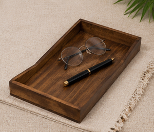 Plateau de service et d'organisation rectangulaire en bois d'acacia fait main avec un design moderne/rustique pour la cuisine et la décoration de la maison - Product Image 5