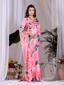 Wholesale Elegant Rose Floral Printed <b>Saree</b> Luxury Soft <b>Satin</b> Indian Traditional Wear Women Party Festive Sari Blouse Summer - Product Image 3