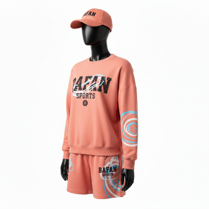 Conjunto de Sudadera y Pantalones Cortos para Mujer, 100% Algodón, Mezcla de Algodón Grueso, 280 GSM, Tacto Suave, Color Melocotón, Logotipo Estampado en Relieve - Product Image 4