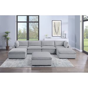 Set Divano Modulare 7 Pezzi Grigio Scuro in Velluto a Coste per Soggiorno con 2 Angolari, 2 Poltrone Senza Braccioli e 3 Pouf F - Product Image 1