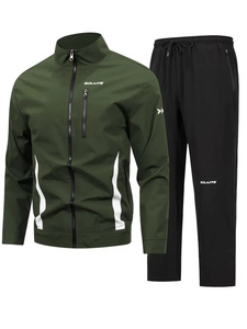 Men's Olive Green <b>Polyester</b> <b>Tracksuit</b> Full Sleeve Stand Collar Zipper Sporty Jogger Set Regular Fit Solid Color Autumn Wear - Product Image 1