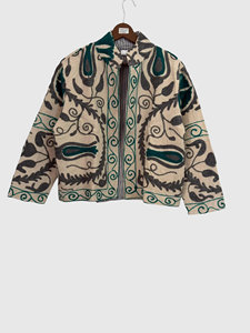 Blouson en coton tissé pour femme, brodé à la main, col mandarin floral, manches longues, grande taille, vêtement d'automne - Product Image 1