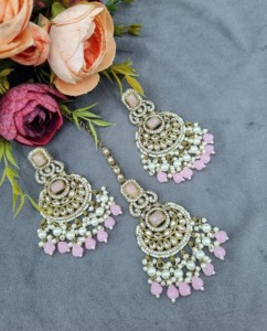 Conjunto de collar de piedra con corte radiante y pendientes a juego, y mangtika, chapado en oro antiguo, joyería étnica de moda al por mayor - Product Image 6