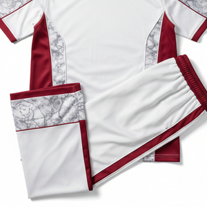 Ensemble d'uniformes de cricket personnalisés, imprimé marbré blanc et rouge, respirant, séchage rapide, polo, pantalon de survêtement, kit d'équipe - Product Image 3