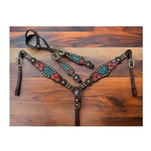 Cabezada de cuero estilo western con riendas, para caballo, para senderismo, ocio y barriles, con arnés de pecho y diseño de una oreja. - Product Image 3