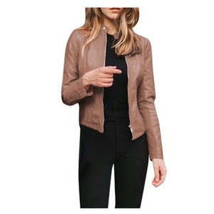 Blouson moto en cuir PU slim fit sans col, fermeture éclair, couleur unie, coupe courte, style moto, unisexe, pour l'automne - Product Image 4