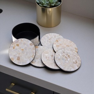 Handcrafted Modern Square Mother-of-Pearl Mosaic MOP Inlay <b>Coaster</b> Set with Holder From REHMAN CRAFT - Product Image 1