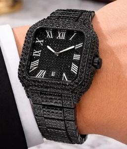 Montre Homme Noire Moissanite Style Hip Hop avec Cadran Romain Sertie de Pierres, Bijou de Luxe Effet Glaçon, Montre Statement - Product Image 1