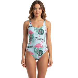 Traje de baño de una pieza con estampado de flamencos para mujer, con tanga, de spandex/poliéster, sin mangas, corte alto, ajustado, ropa de playa - Product Image 1