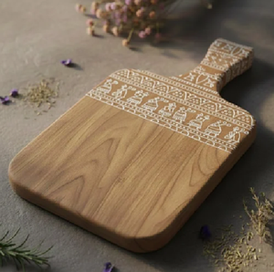 Tabla de cortar rectangular de madera duradera con un patrón de mandala rústico tallado a mano, disponible a precios de mayorista. - Product Image 3