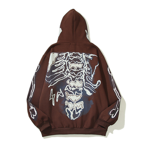 Sudadera con capucha extragrande personalizada con cremallera completa, diseño de calavera con estampado de huesos y llamas en toda la prenda, 100% algodón polar - Product Image 2