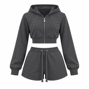 Custom Crop <b>Top</b> Hoodie Set With Silver <b>Rhinestones</b> Cotton Fleece Shorts for Women's Fashion Retailers - Product Image 3