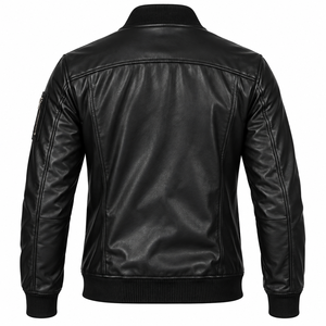 <b>Men's</b> Black Genuine Cow Skin Leather Bomber <b>Jacket</b> Stand Collar Zipper Closure Moto <b>Biker</b> Style Winter Wear - Product Image 2
