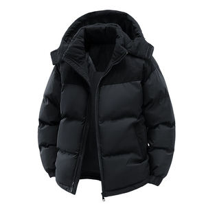 <b>Men's</b> Khaki Brown Hooded Puffer <b>Jacket</b> <b>Corduroy</b> Color Block Warm Quilted Winter Zip Up Coat Cheap Price Wholesale Rate - Product Image 3