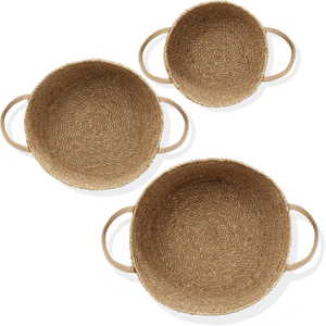 Panier de rangement ouvert en herbe naturelle tressée, corde de coton, fait main, style tendance, doublure en paille, deux poignées, imperméable, unisexe, pour l'organisation - Product Image 4