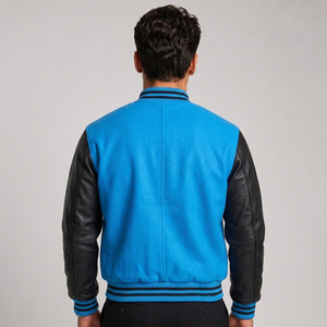 Men's Blue Varsity <b>Jacket</b> Black Leather Sleeves Embroidered <b>Star</b> Front Button Closure Casual Autumn Wear Regular Fit - Product Image 2