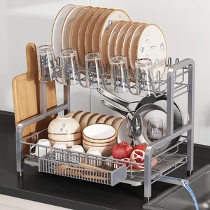 Excellent Quality Single Tier Metal Dish Drying Rack with <b>Utensil</b> Holder Kitchen Plate Bowl Cup Drainer Black Metal <b>Organizer</b> - Product Image 2
