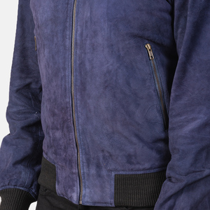 <b>Men's</b> Navy Blue <b>Suede</b> Bomber <b>Jacket</b> Regular Fit Turn-down Collar Zipper Closure Casual Autumn Wear - Product Image 5
