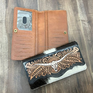 Trendy Wholesale Hand-Tooled Cowhide Leather Longhorn Bifold Wallet Bull Skull Floral Design <b>Large</b> Capacity <b>Women</b> Clutch <b>Purse</b> - Product Image 5