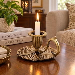 Antique Brass Chamberstick <b>Candle</b> Holder Handled Flower Petal <b>Dish</b> Base Vintage Brass Taper Stand Table Centerpiece Decor Gift - Product Image 5