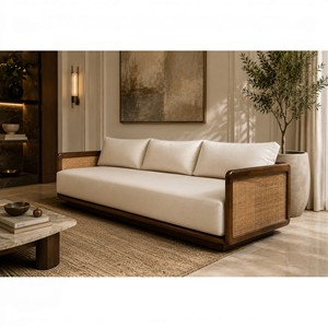 Sofá de 3 Plazas de Madera de Teca Sólida, Curvo, Minimalista y Duradero, con Panel Lateral de Ratán y Cojín, para Apartamento, Hotel o Villa - Product Image 3