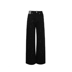 Pantalones Vaqueros Negros Personalizados para Mujer, Estilo Fiesta, Decorados con Pedrería, Lavado Vintage, Corte Holgado y Recto, de Algodón - Product Image 4